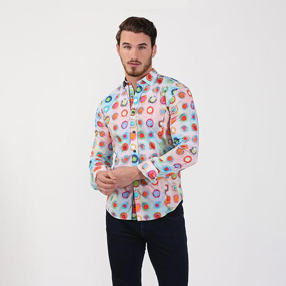 Men's slim fit colorful digital watercolor print collar button up dress shirt