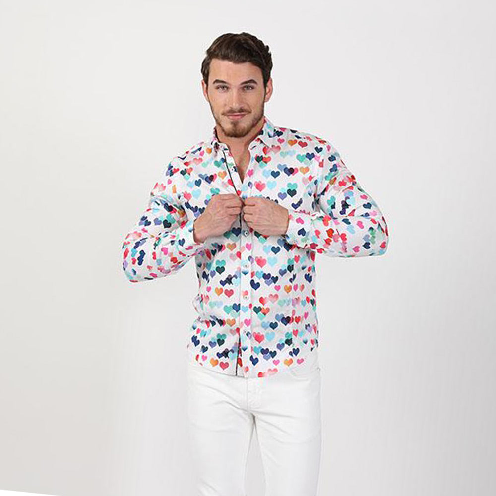 Men's slim fit colorful hearts print collar button up dress shirt
