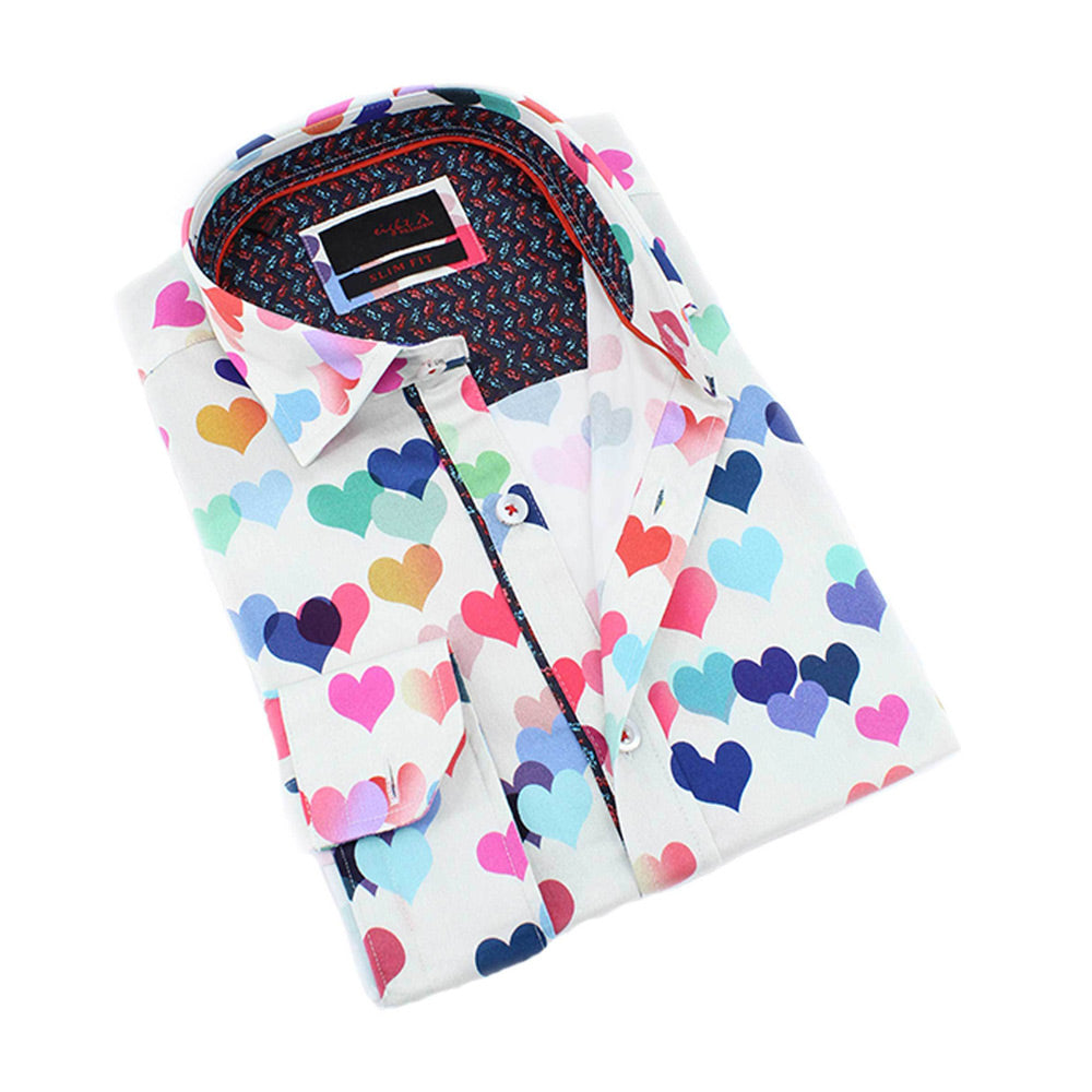 Men's slim fit colorful hearts print collar button up dress shirt