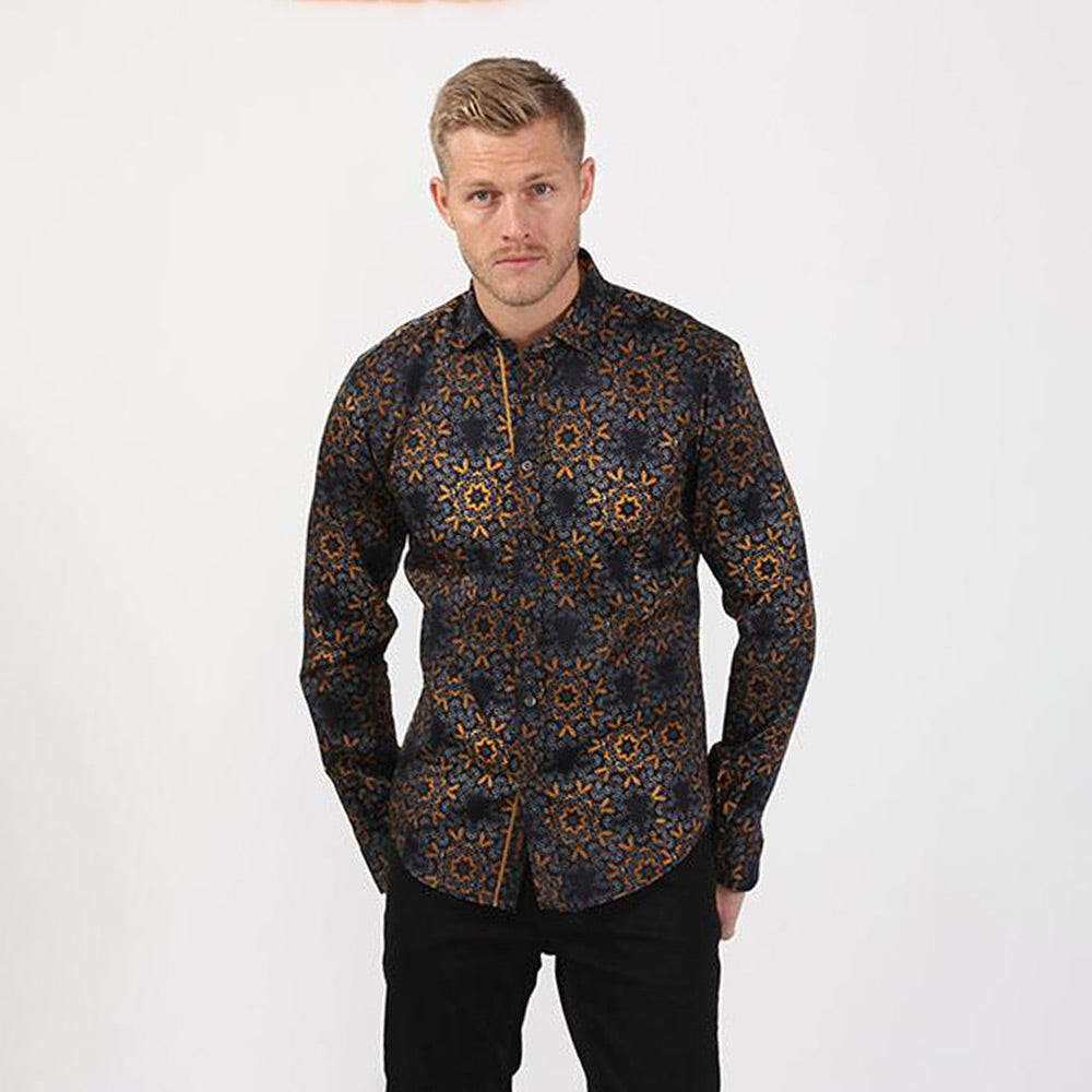 black and gold men's button up shirt with bold geometric print pattern and gold trim