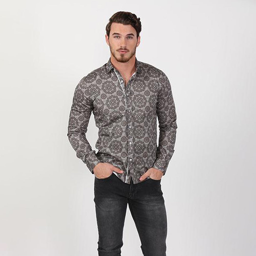 Men's brown slim fit collar button up dress shirt with mandala digital print