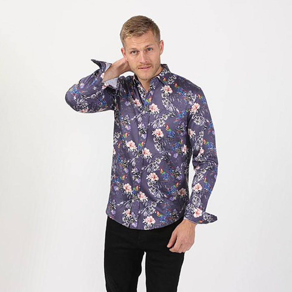 Men's lavender slim fit rose and parrot digital print button up collar dress shirt