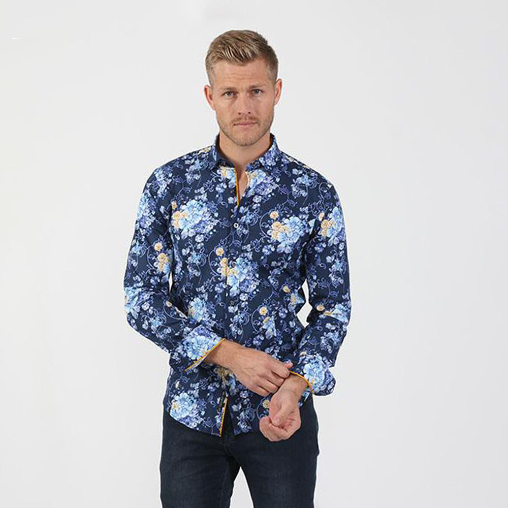 Navy Vine and Rose Button Down Shirt Long Sleeve Button Down EightX   