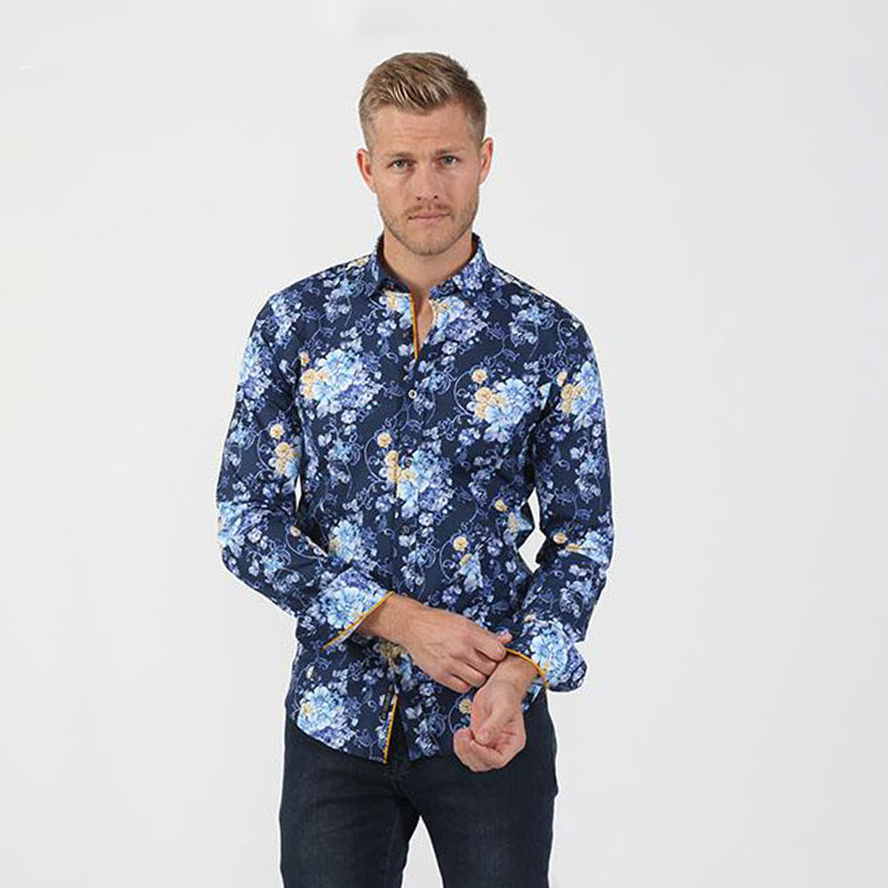Men's slim fit navy blue floral vine digital print button up collar dress shirt
