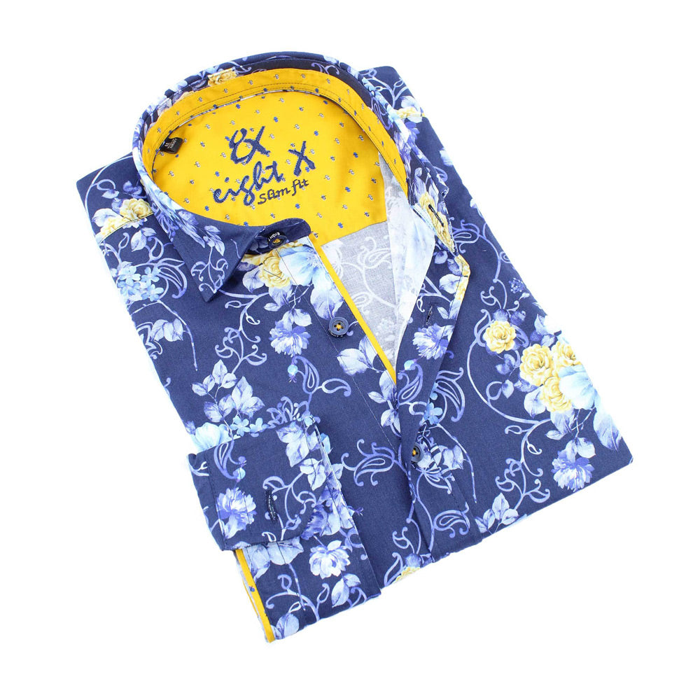 Men's slim fit navy blue floral vine digital print button up collar dress shirt