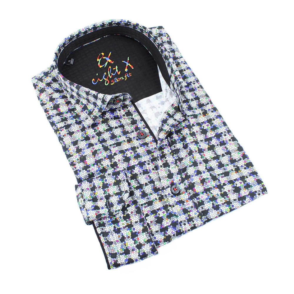 Men's slim fit black collar button up dress shirt wit mosaic digital print and black trim