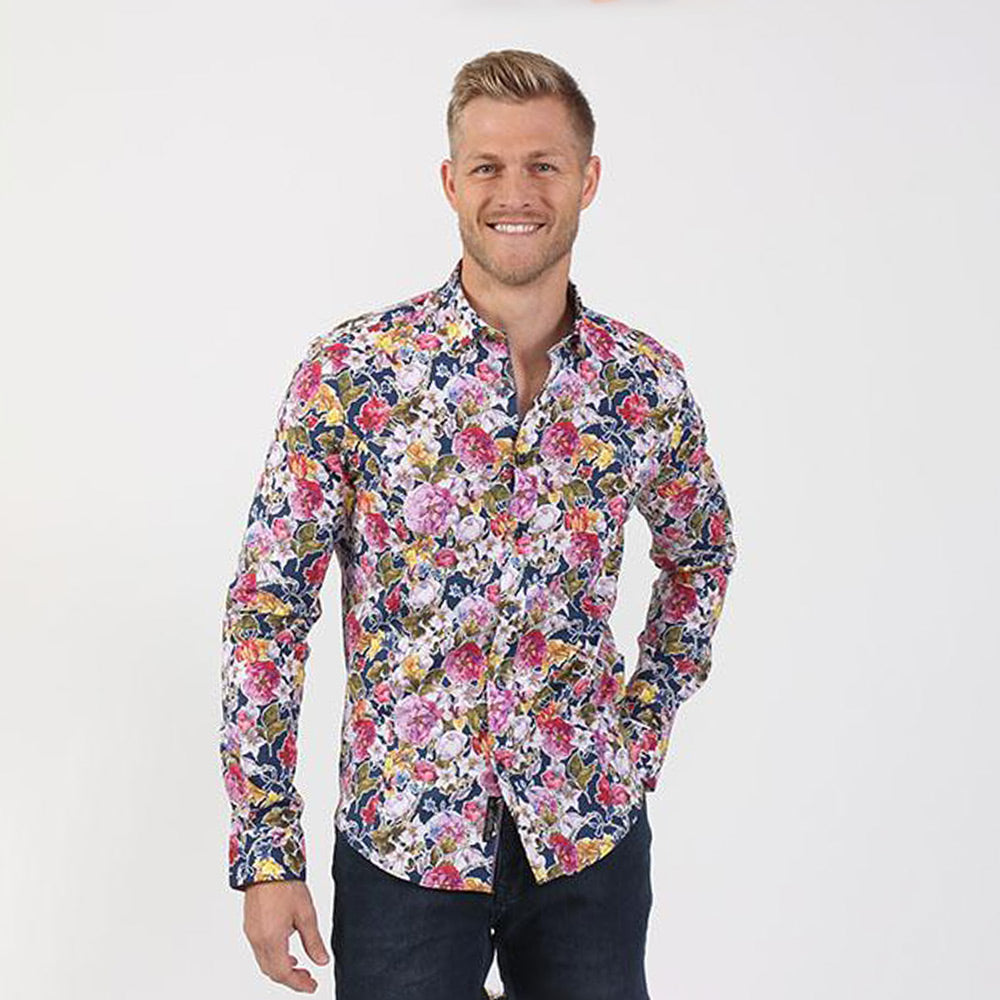 Men's slim fit colorful floral bold digital print collar button up dress shirt
