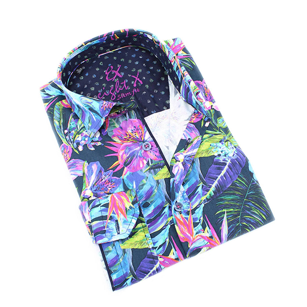 Men's slim fit tropical floral colorful bold digital print button up collar dress shirt