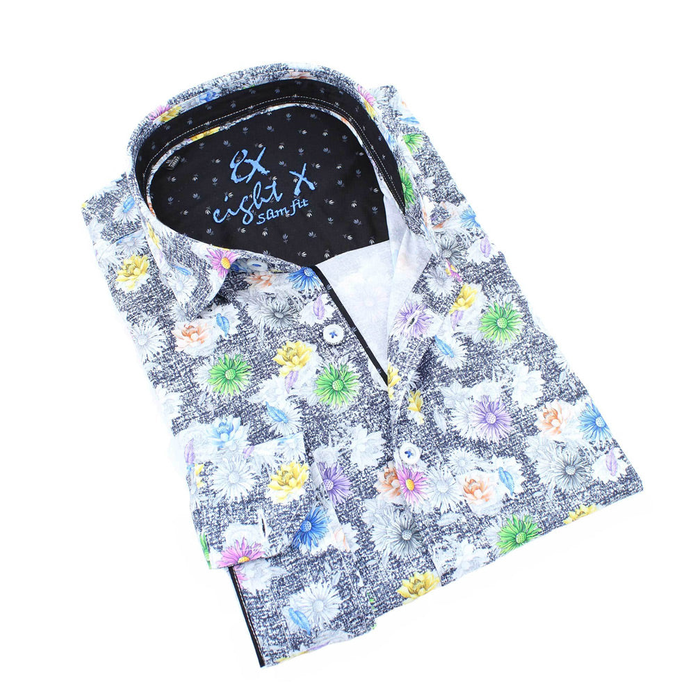 Men's slim fit black button up collar dress shirt with distressed floral pattern print