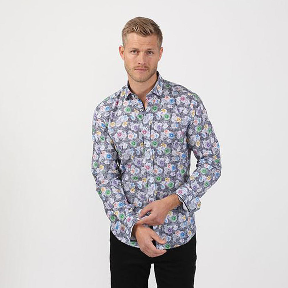 Black Static Floral Button Down Shirt Long Sleeve Button Down EightX   