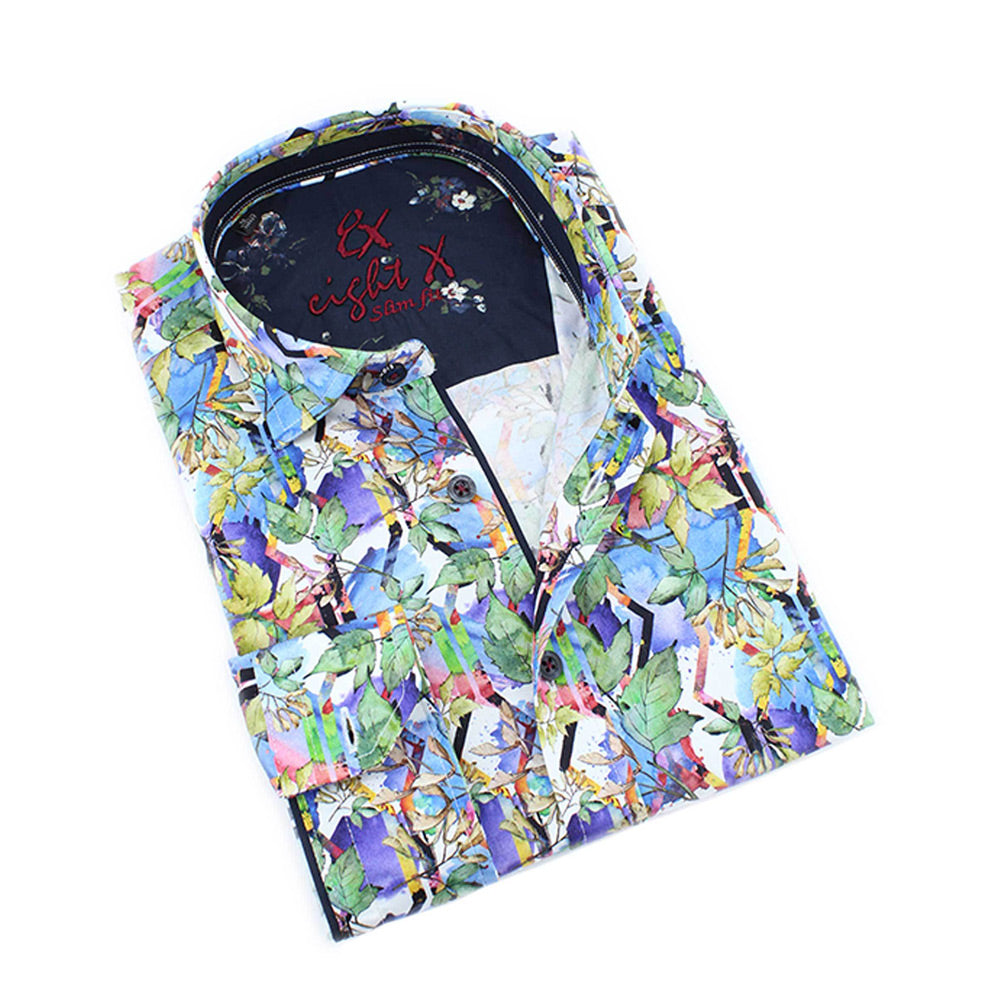 Men's multi colored slim fit digital leaf print collar button up dress shirt