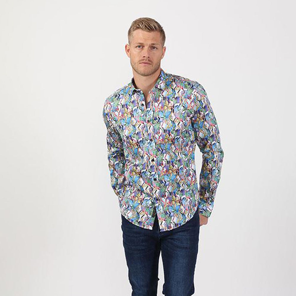 Men's multi colored slim fit digital leaf print collar button up dress shirt