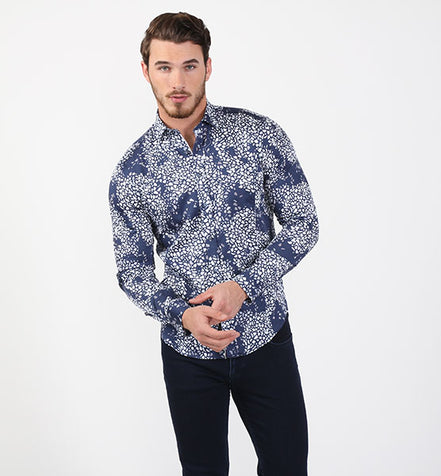 Navy Blue Cracked Button Down Shirt Long Sleeve Button Down EightX   