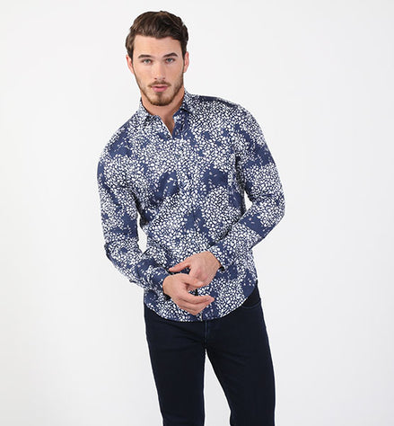 Navy Blue Cracked Button Down Shirt Long Sleeve Button Down EightX   