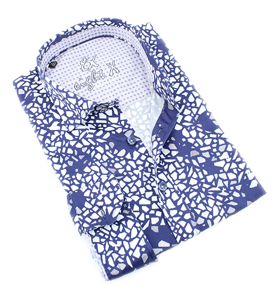 Men's slim fit navy button up collar dress shirt with white cracked print design