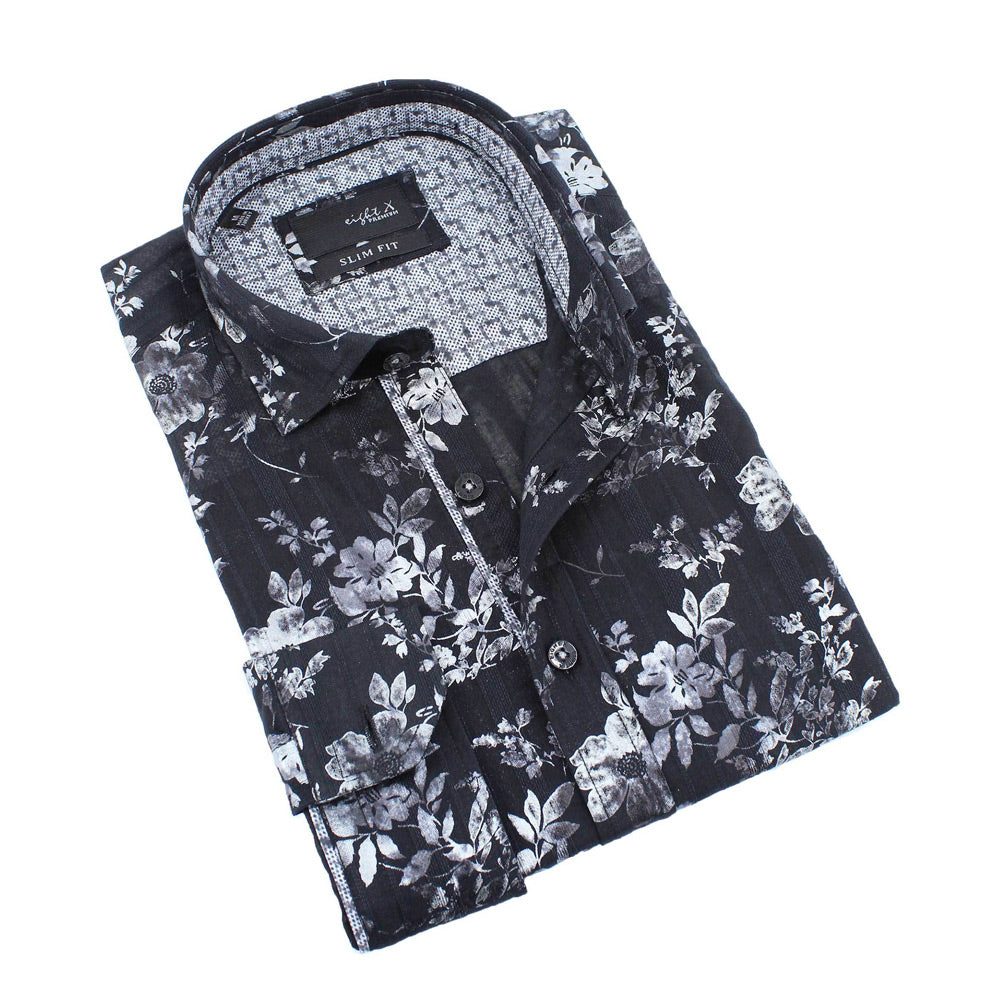 Men's black slim fit collar button up dress shirt with gray metallic digital print with pattern trim