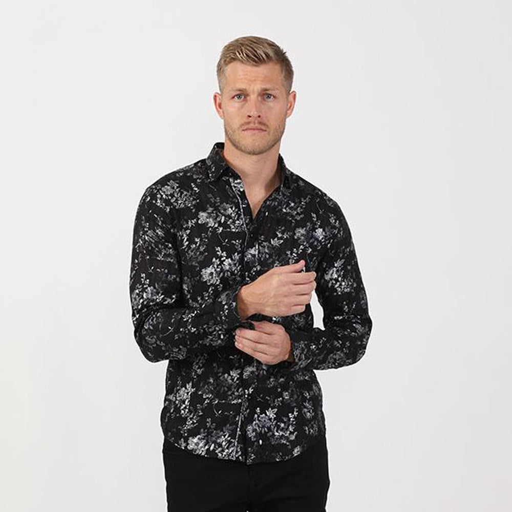 Men's black slim fit collar button up dress shirt with gray metallic digital print with pattern trim