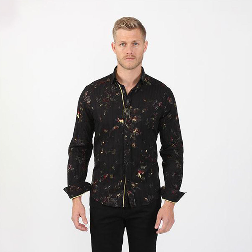 Black Multi Foil Floral Print Button Down Shirt Long Sleeve Button Down EightX   