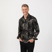 Black Rose Foil Print Button Down Shirt Short Sleeve Button Down EightX   