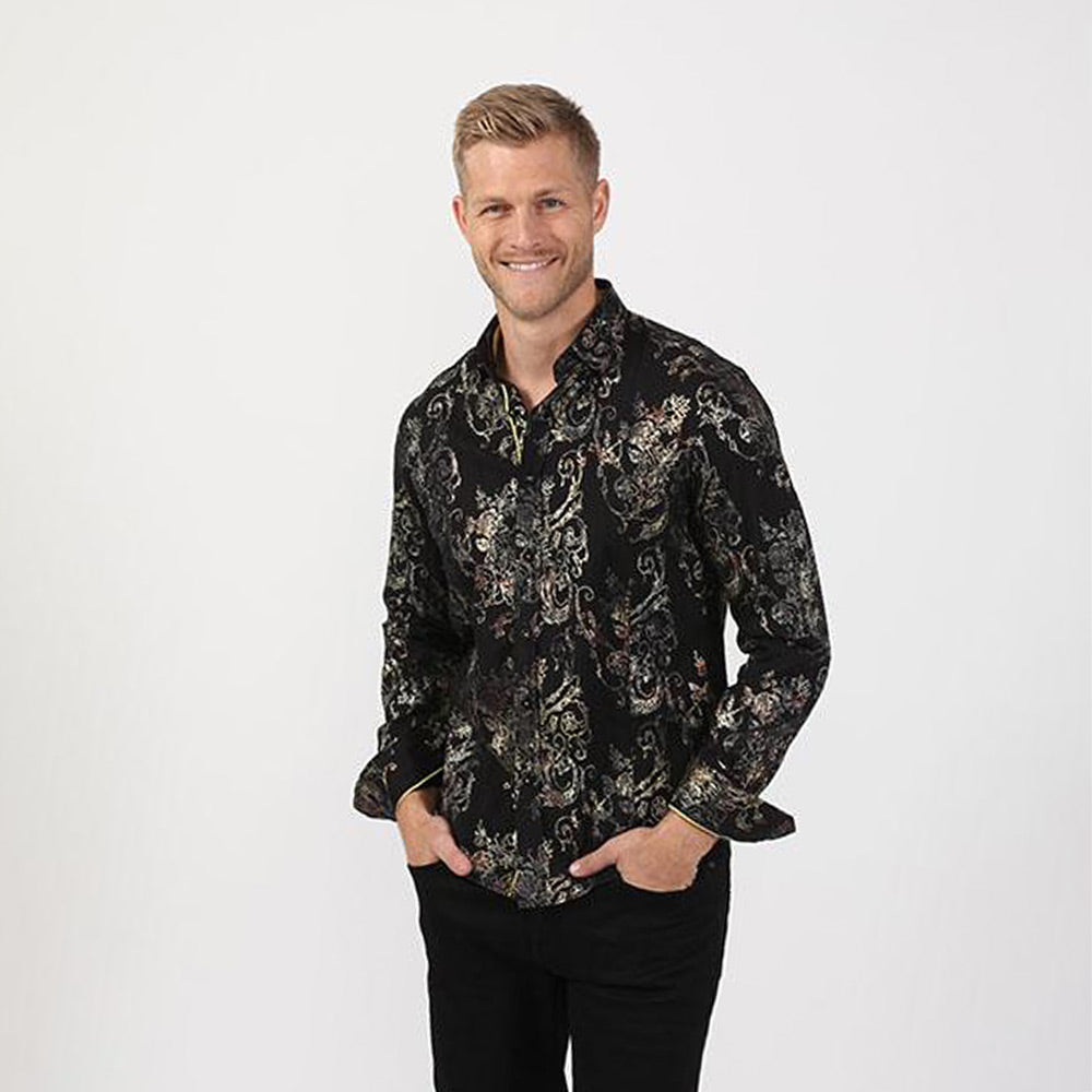 Black Rose Foil Print Button Down Shirt Short Sleeve Button Down EightX   