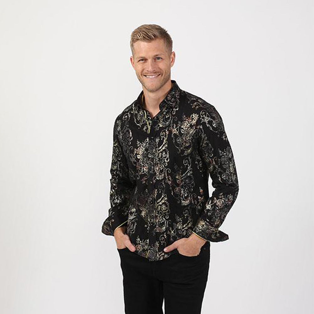 Men's black slim fit rose vine digital print collar button up dress shirt with lime green trim
