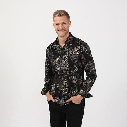 Black Rose Foil Print Button Down Shirt Short Sleeve Button Down EightX   