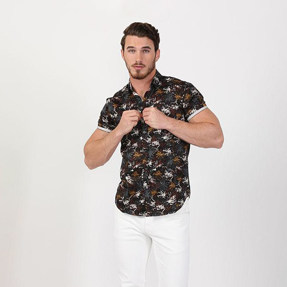 Men's slim fit black short sleeve button up collar dress shirt with sketch print design