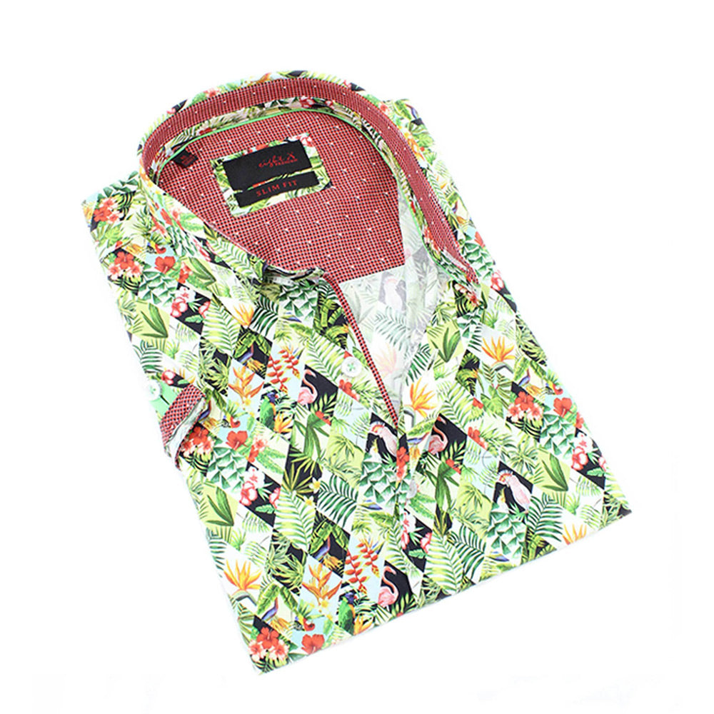 Men's slim fit green tropical palms print design short sleeve collar button up dress shirt