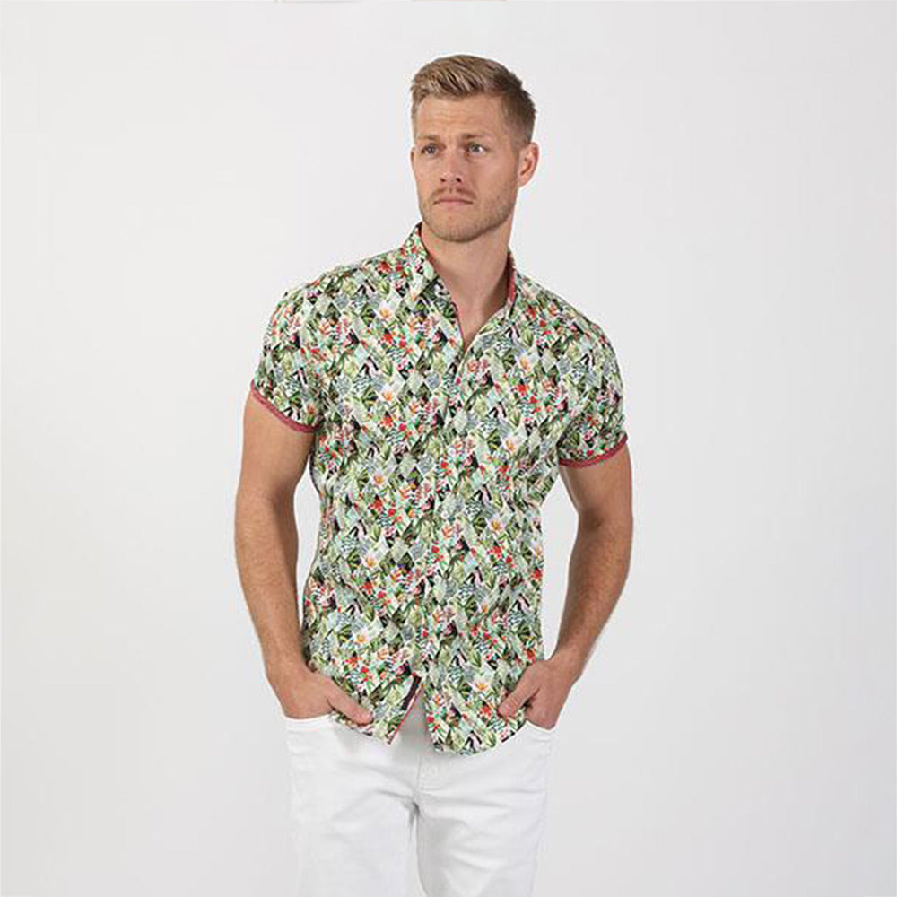 Men's slim fit green tropical palms print design short sleeve collar button up dress shirt