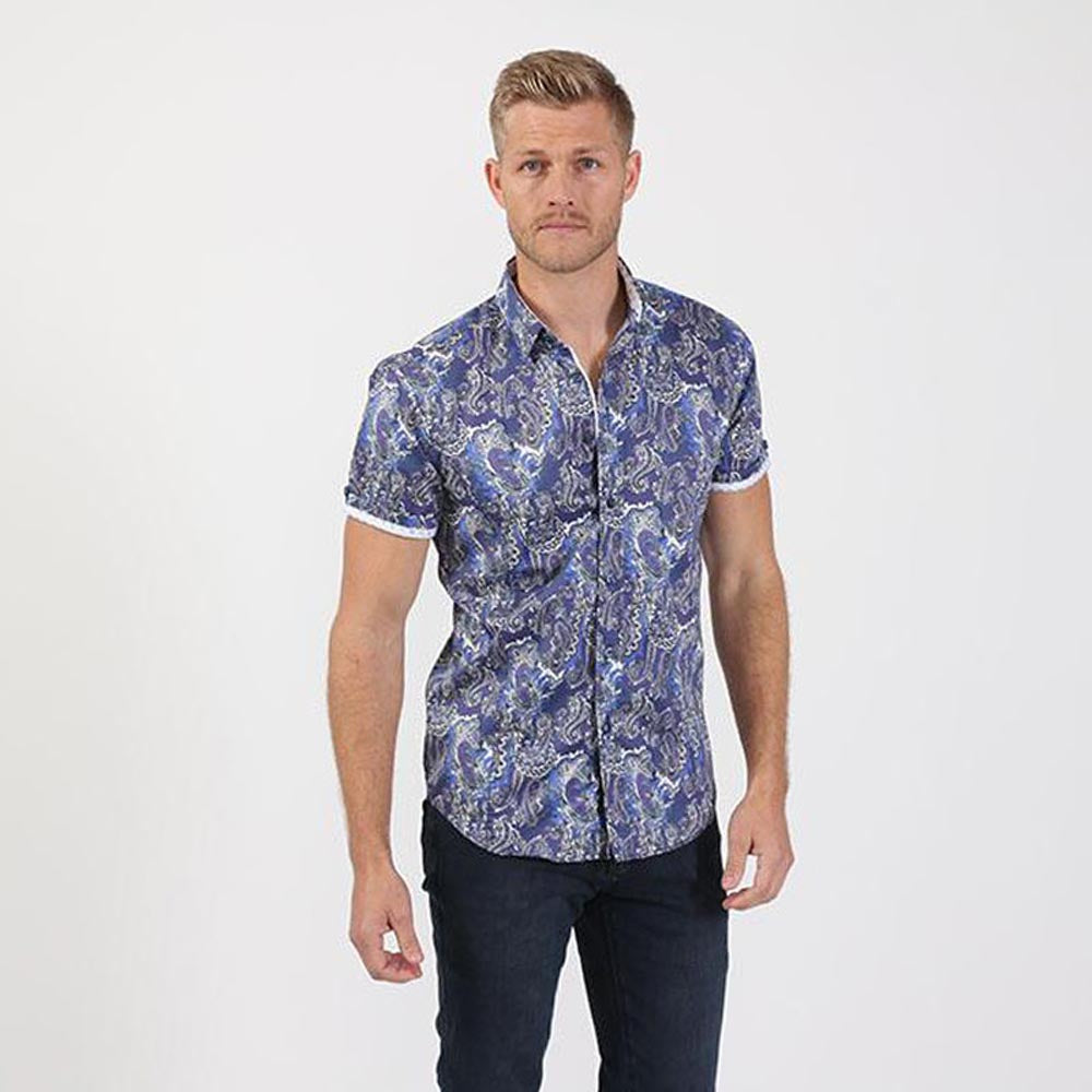 Blue Paisley Mens Short Sleeve Button up Shirts - Tailored Slim