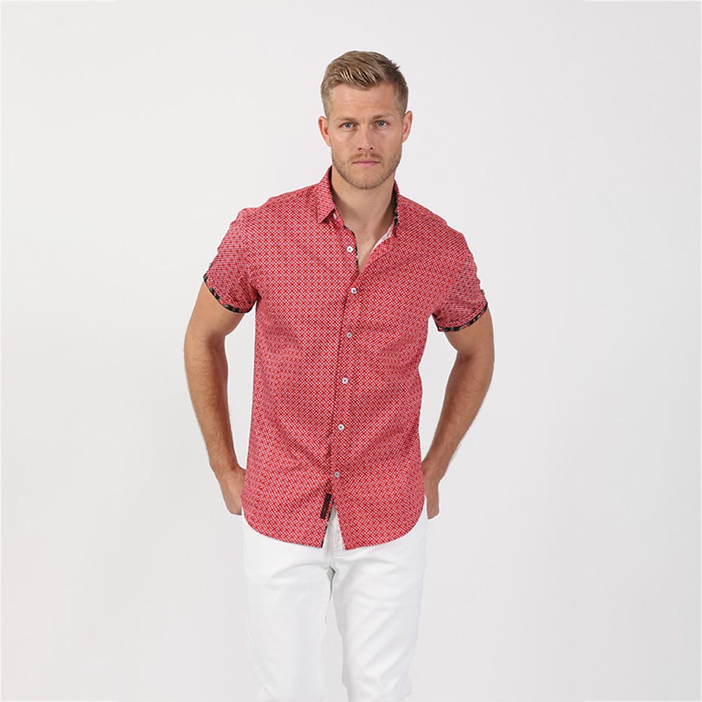 Red Short Sleeve Shirt With Floral Trim Short Sleeve Button Down EightX   
