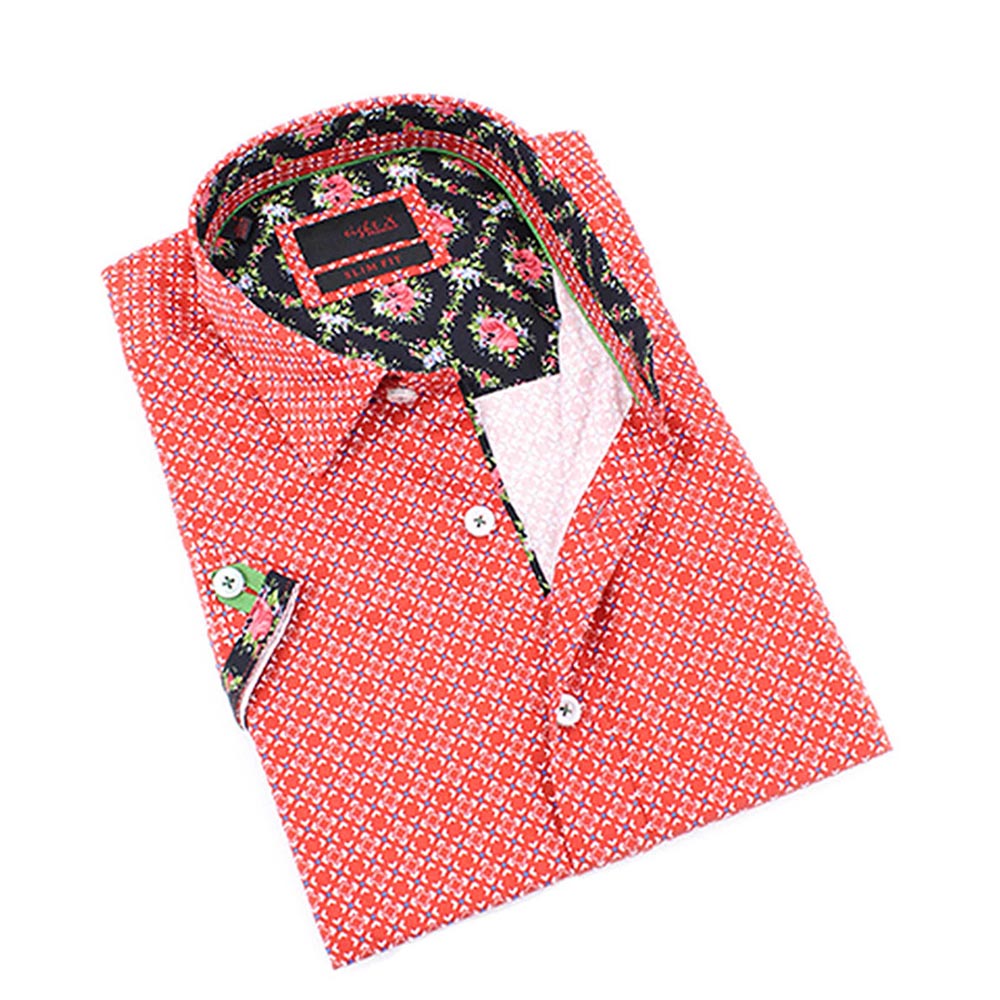 Men's slim fit red digital pattern digital print short sleeve collar button up dress shirt  with black floral trim