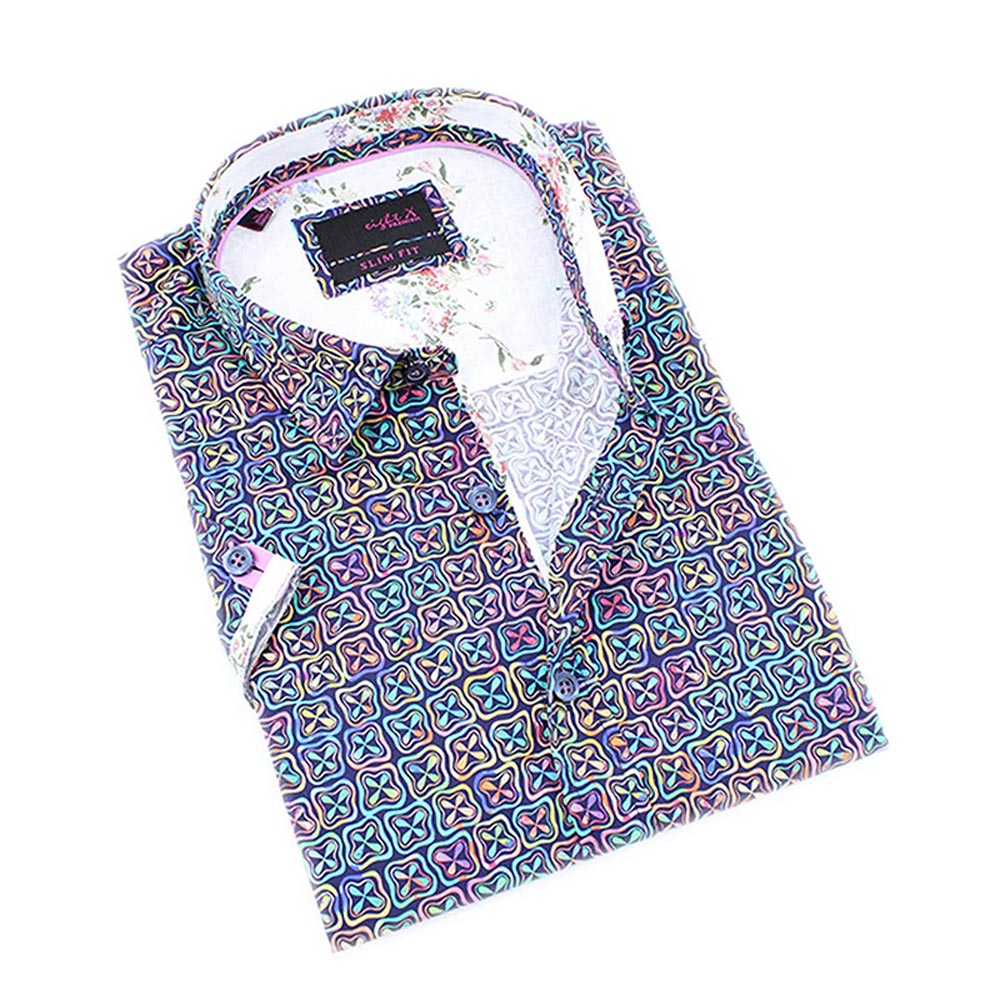 Men's slim fit multi colored retro print short sleeve collar  button up dress shirt