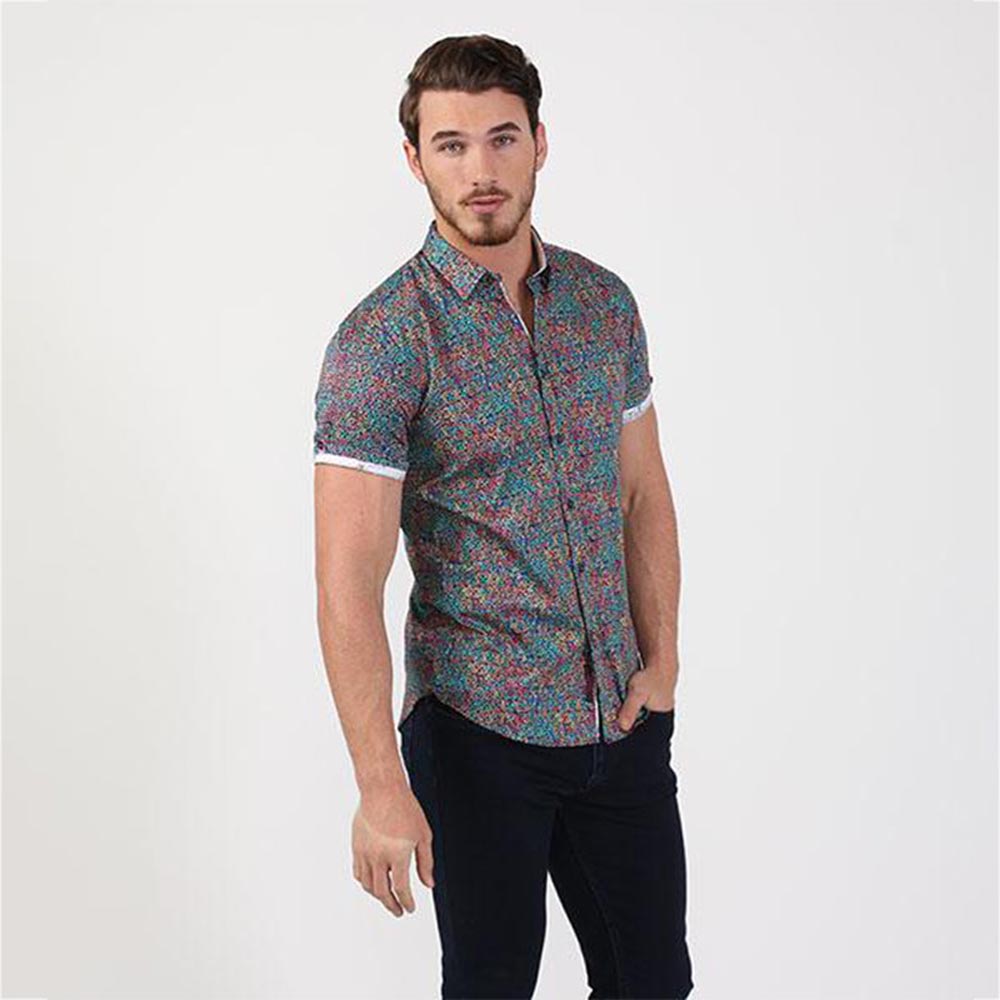 Men's slim fit multi colored retro print short sleeve collar  button up dress shirt