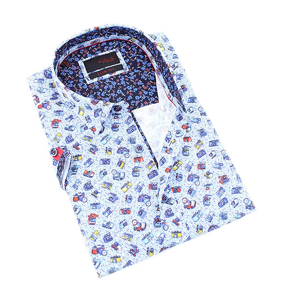 Men's slim fit multi color short sleeve collar button up dress shirt with camera print design