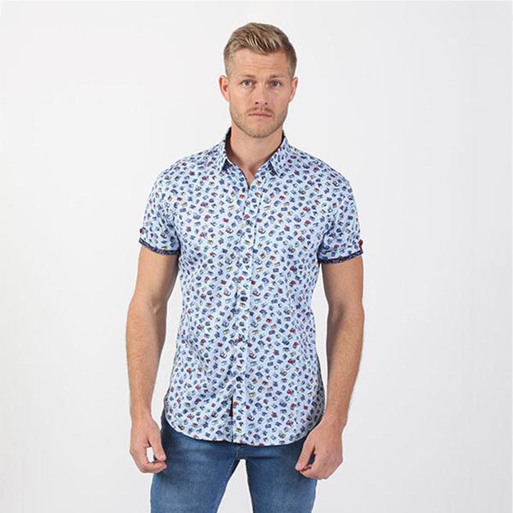 Men's slim fit multi color short sleeve collar button up dress shirt with camera print design
