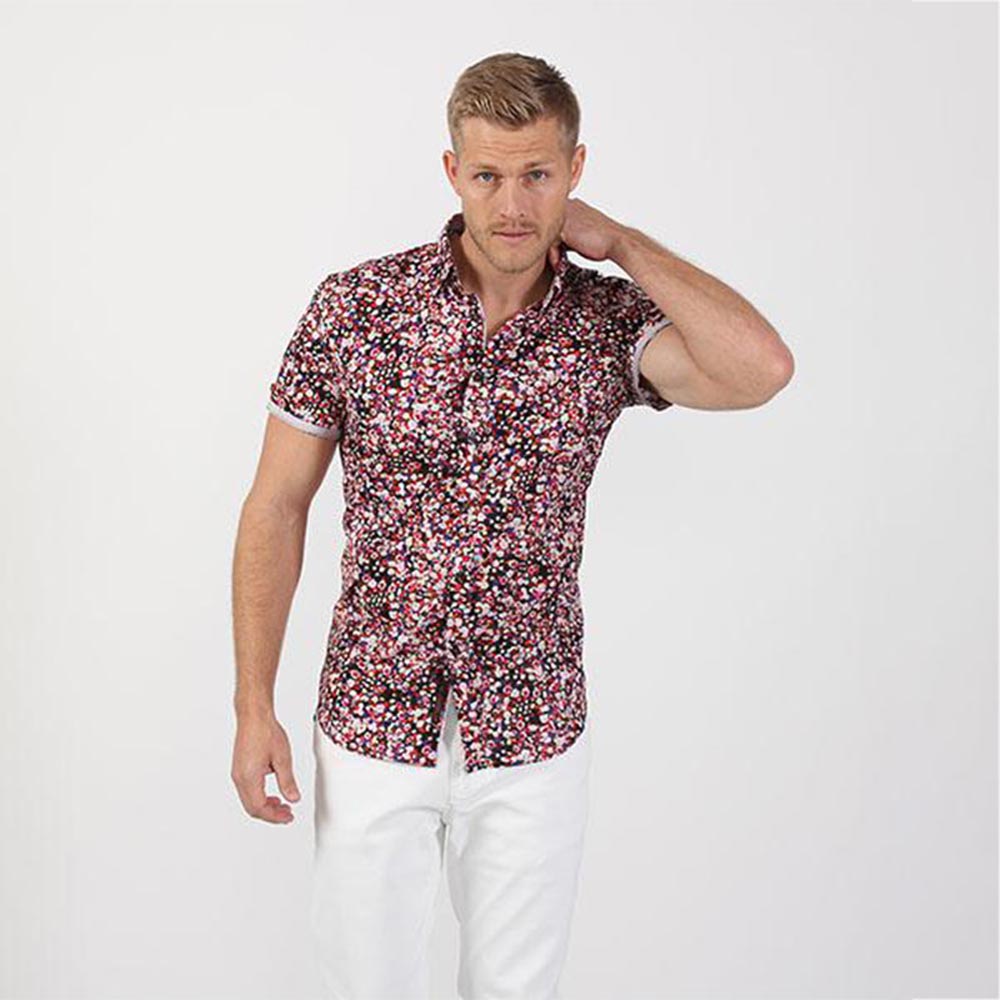 Men's slim fit multi color short sleeve collar button up shirt with spark print design