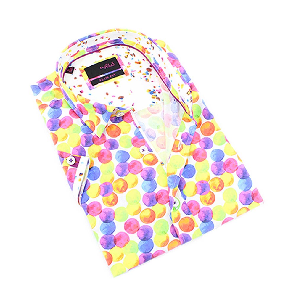 Men's slim fit colorful globe button up short sleeve collar dress shirt.