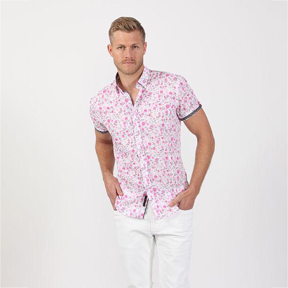 Pink Rose Print Short Sleeve Shirt Short Sleeve Button Down EightX   