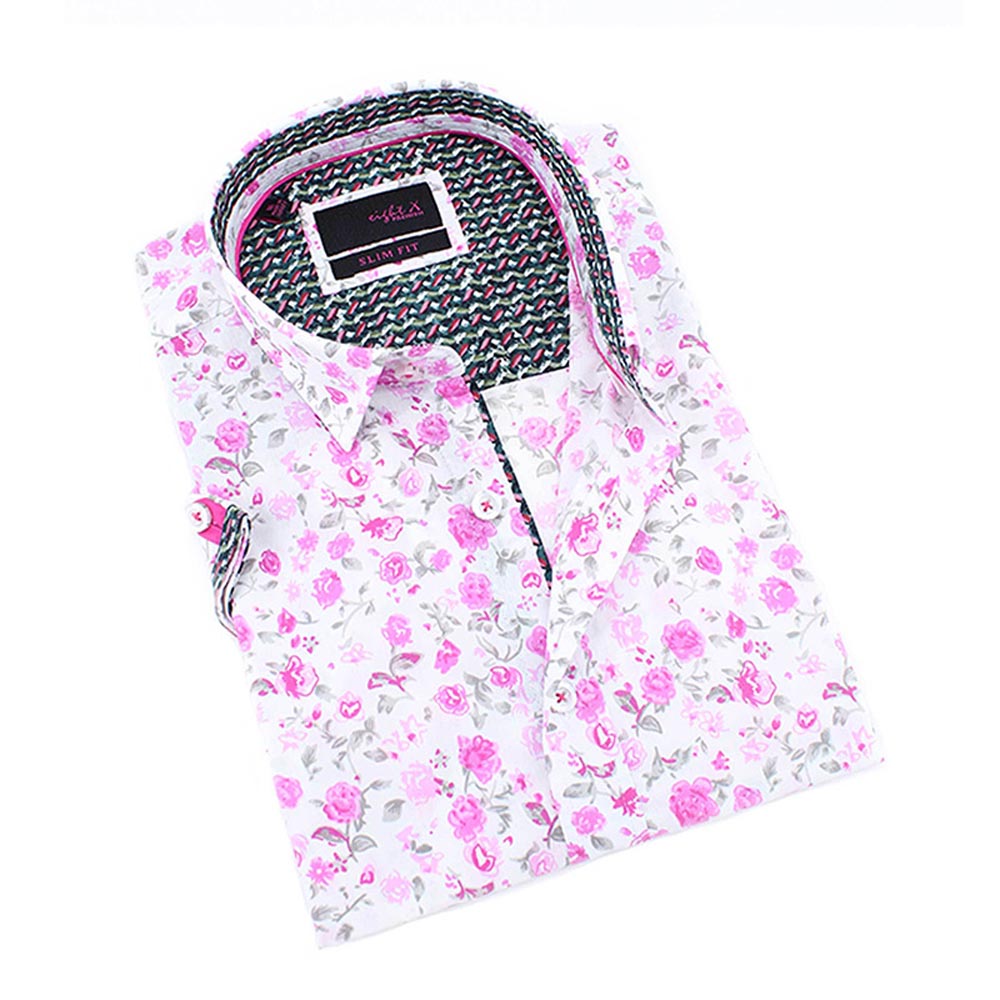 Pink Rose Print Short Sleeve Shirt Short Sleeve Button Down EightX WHITE S 