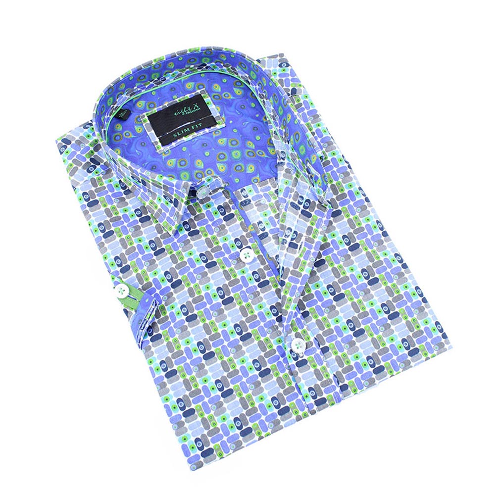 Men's slim fit blue retro print button up collar dress shirt