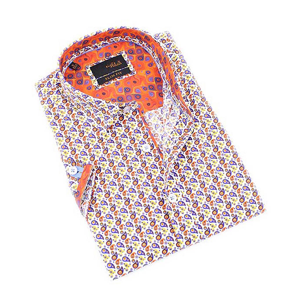 Men's slim fit button up collar dress shirt with multi colored paisley print design