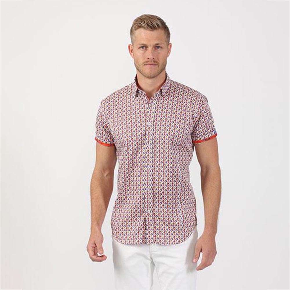Men's slim fit button up collar dress shirt with multi colored paisley print design