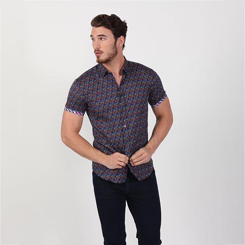Men's signature slim fit navy digital butterfly design short sleeve collar button up dress shirt with tropical striped trim