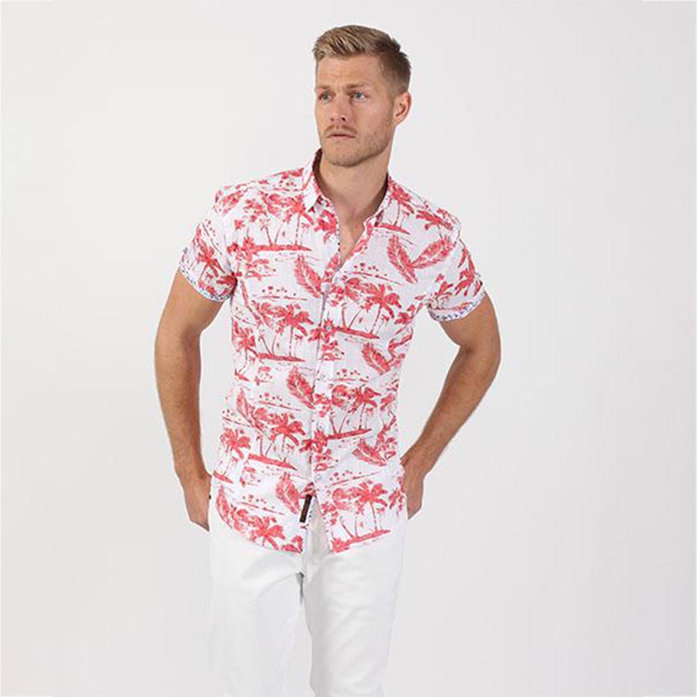 Men's signature slim fit white short sleeve collar dress shirt with red palm print designs with floral trim