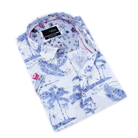 Indigo Palms Short Sleeve Shirt Short Sleeve Button Down EightX BLUE S 
