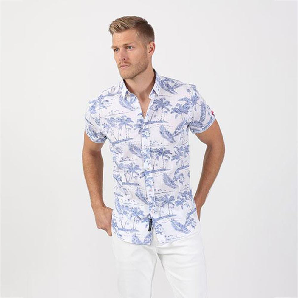 Men's slim fit white button up collar short sleeve dress shirt with fuchsia accent and indigo palm tree print designs