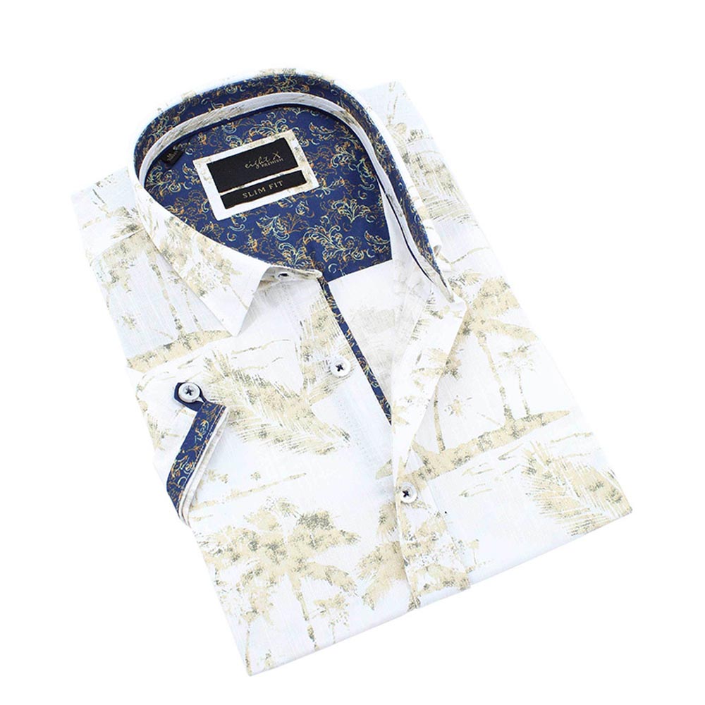 Men's slim fit white and beige palm tree print short sleeve button up collar dress shirt with navy print trim