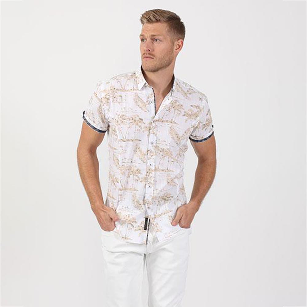 Men's slim fit white and beige palm tree print short sleeve button up collar dress shirt with navy print trim