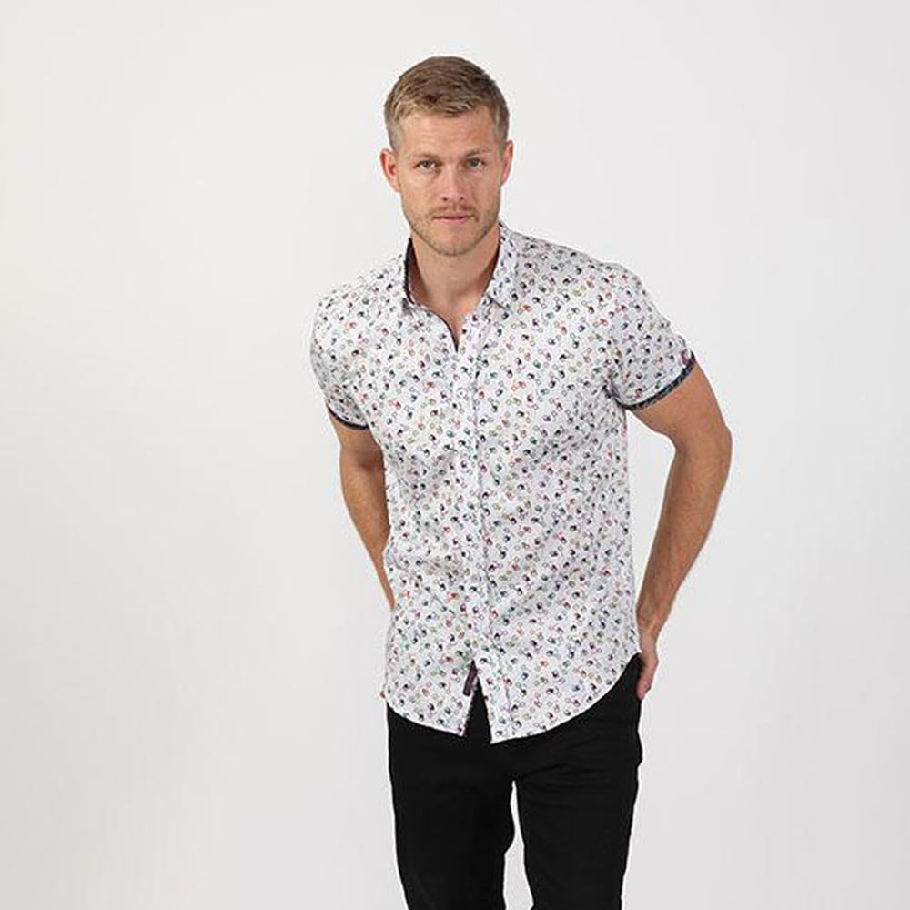 Men's white slim fit moped print button up collar dress short sleeve shirt with dark trim
